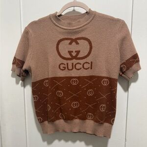 Gucci Tan and Brown Logo Knit Top